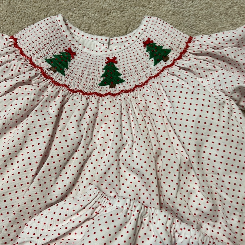 Girls smocked Christmas tree long sleeve diaper set